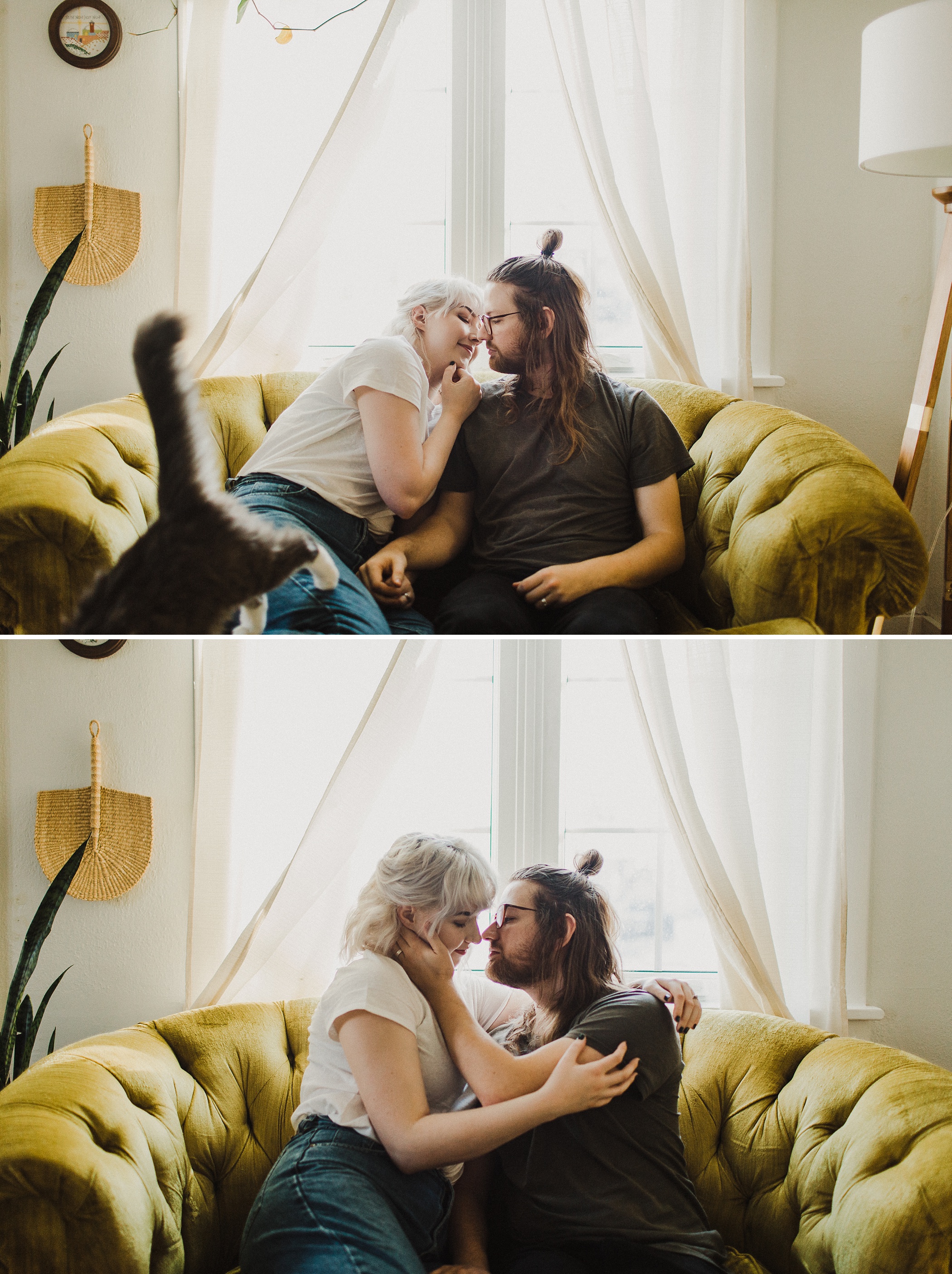 intimate in home session, in home session, mid century home, intimate in home session mid century home, in home session with cat, the johnsons, the johnsons photo. adorable mid century home, mid century home filled with thrifted finds